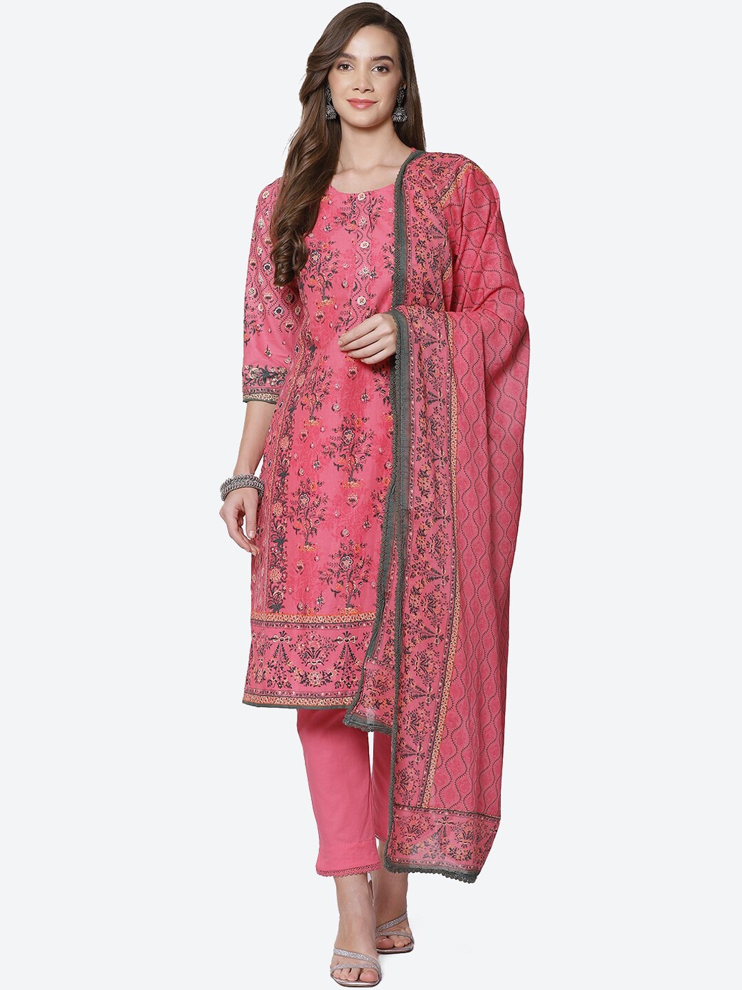 

Biba Women Pink Floral Printed Kurti with Trousers & With Dupatta