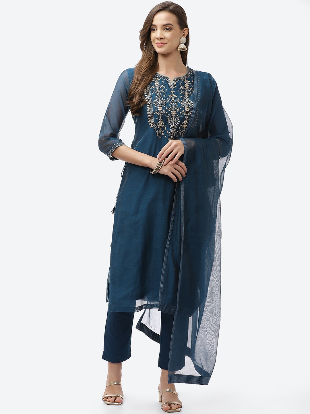 

Biba Women Blue Floral Embroidered Kurta with Trousers & With Dupatta