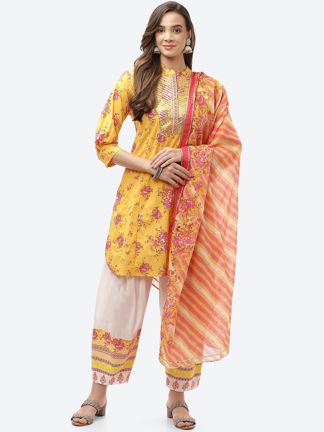 

Biba Women Yellow Floral Printed Kurta with Trousers & With Dupatta