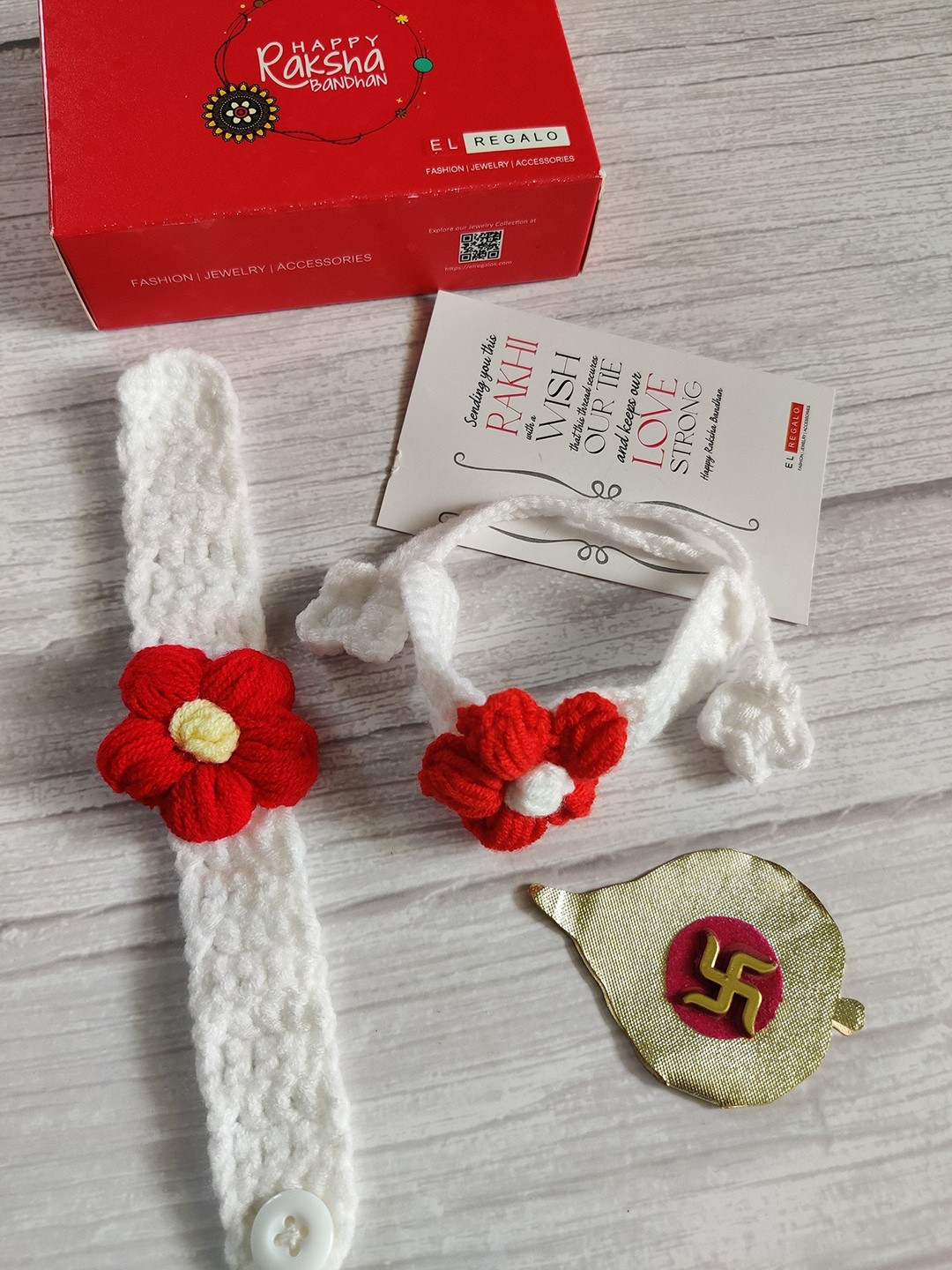 

EL REGALO Kids Red White Set of 2 Rakhi with Roli Chawal Card