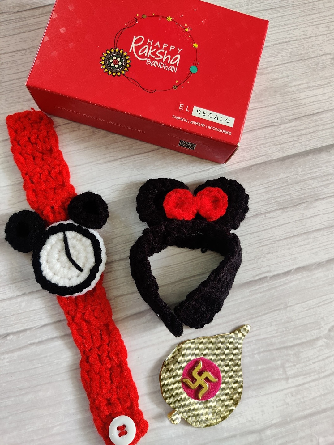 

EL REGALO Kids Set of 2 Rakhi with Card Roli Chawal, Red