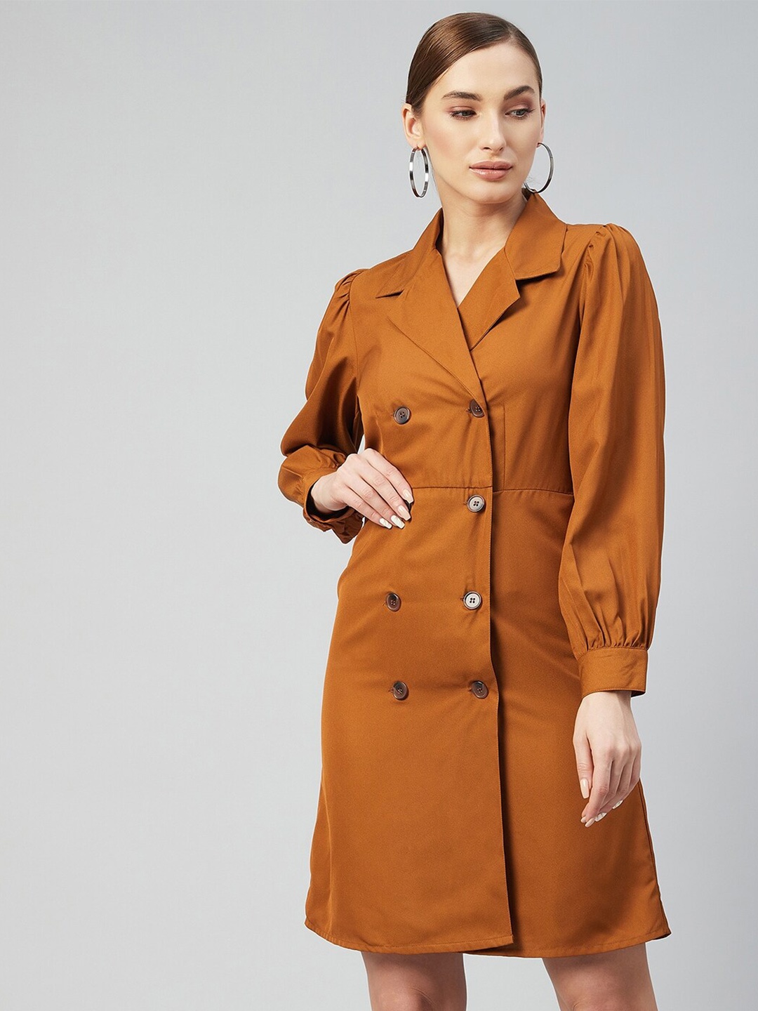 

Carlton London Camel Brown Solid Double Breasted Blazer Dress