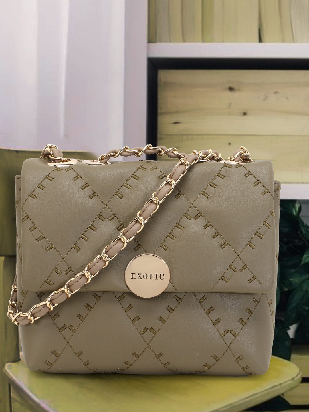

Exotic Olive Green Textured PU Structured Sling Bag with Cut Work