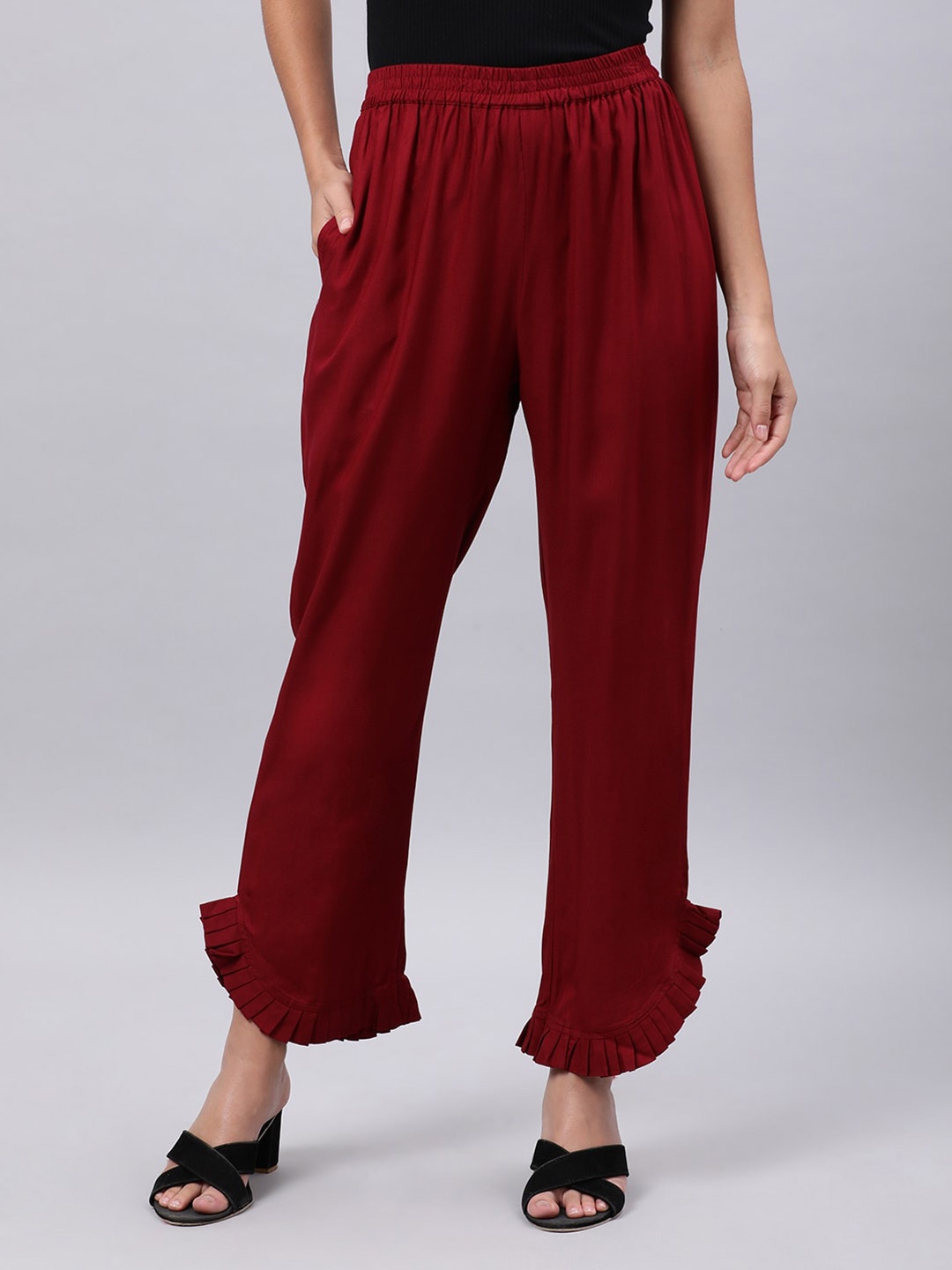 

Souchii Women Maroon Solid Pleated Ruffled Liva Palazzos