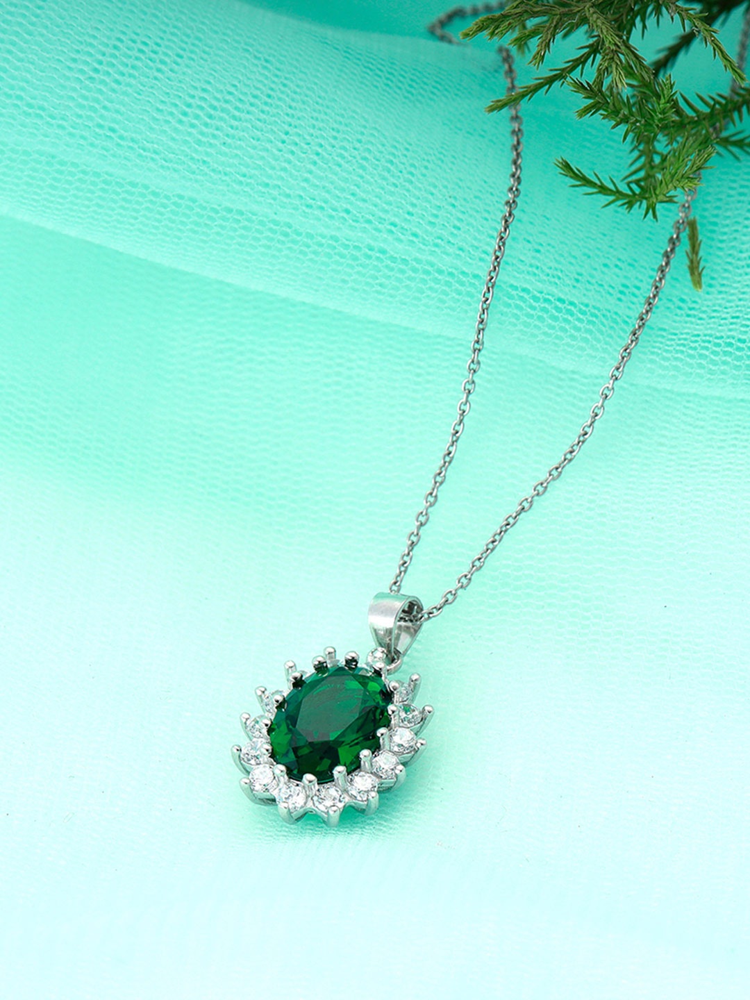 

GIVA 92.5 Sterling Silver Rhodium-Plated Silver-Toned & Green Stone-Studded Pendant