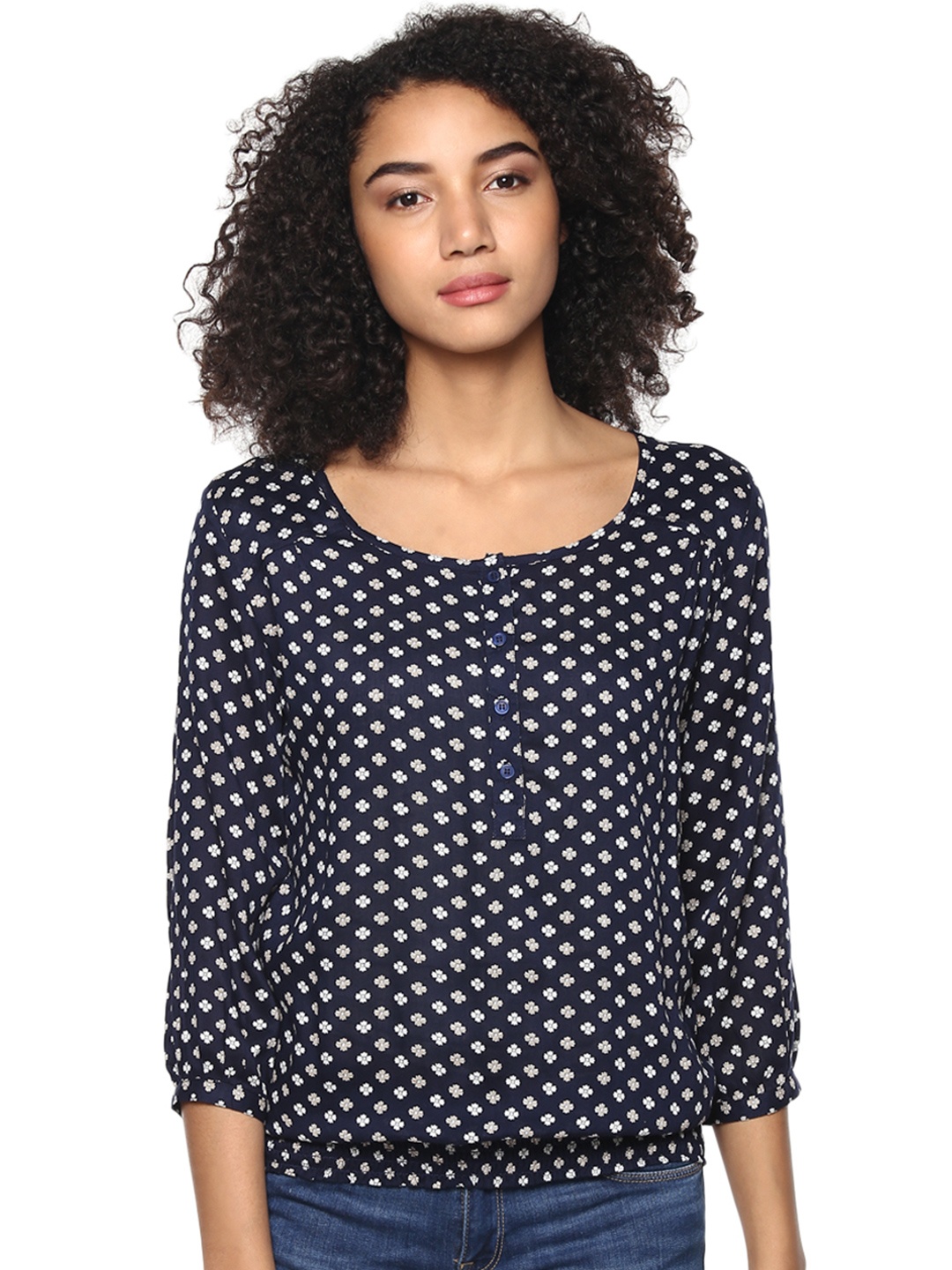 

Harpa Women Navy & White Printed Blouson Top, Navy blue