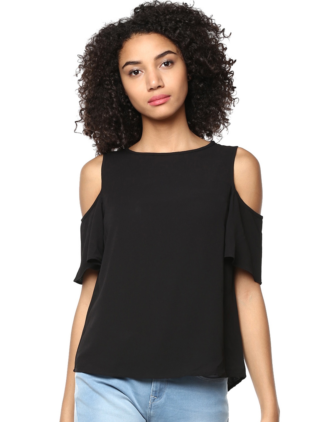 

Harpa Women Black Solid Cold-Shoulder Top