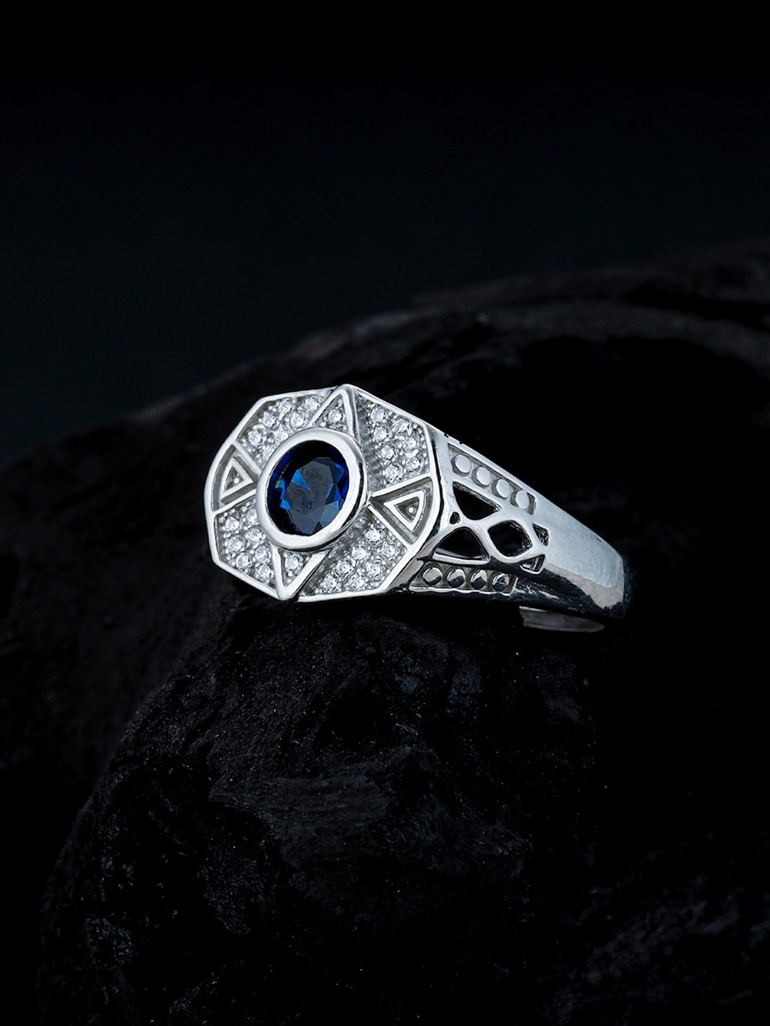 

GIVA Rhodium-Plated White & Blue Stone-Studded Finger Ring, Silver
