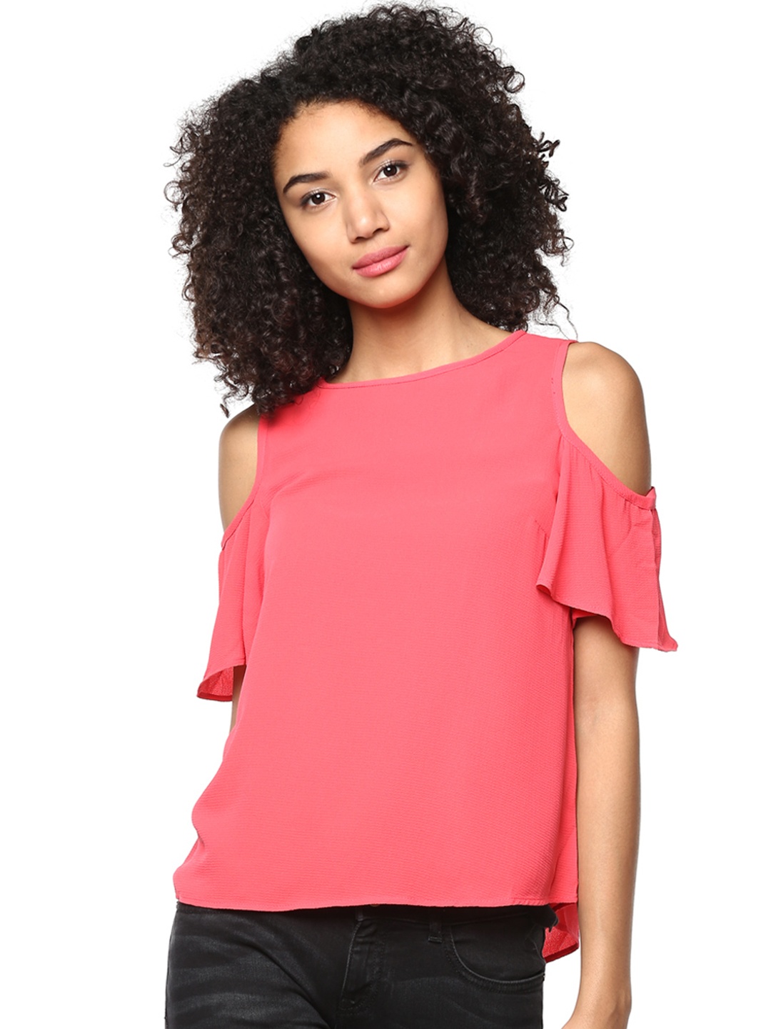 

Harpa Women Coral Pink Solid Cold-Shoulder Top