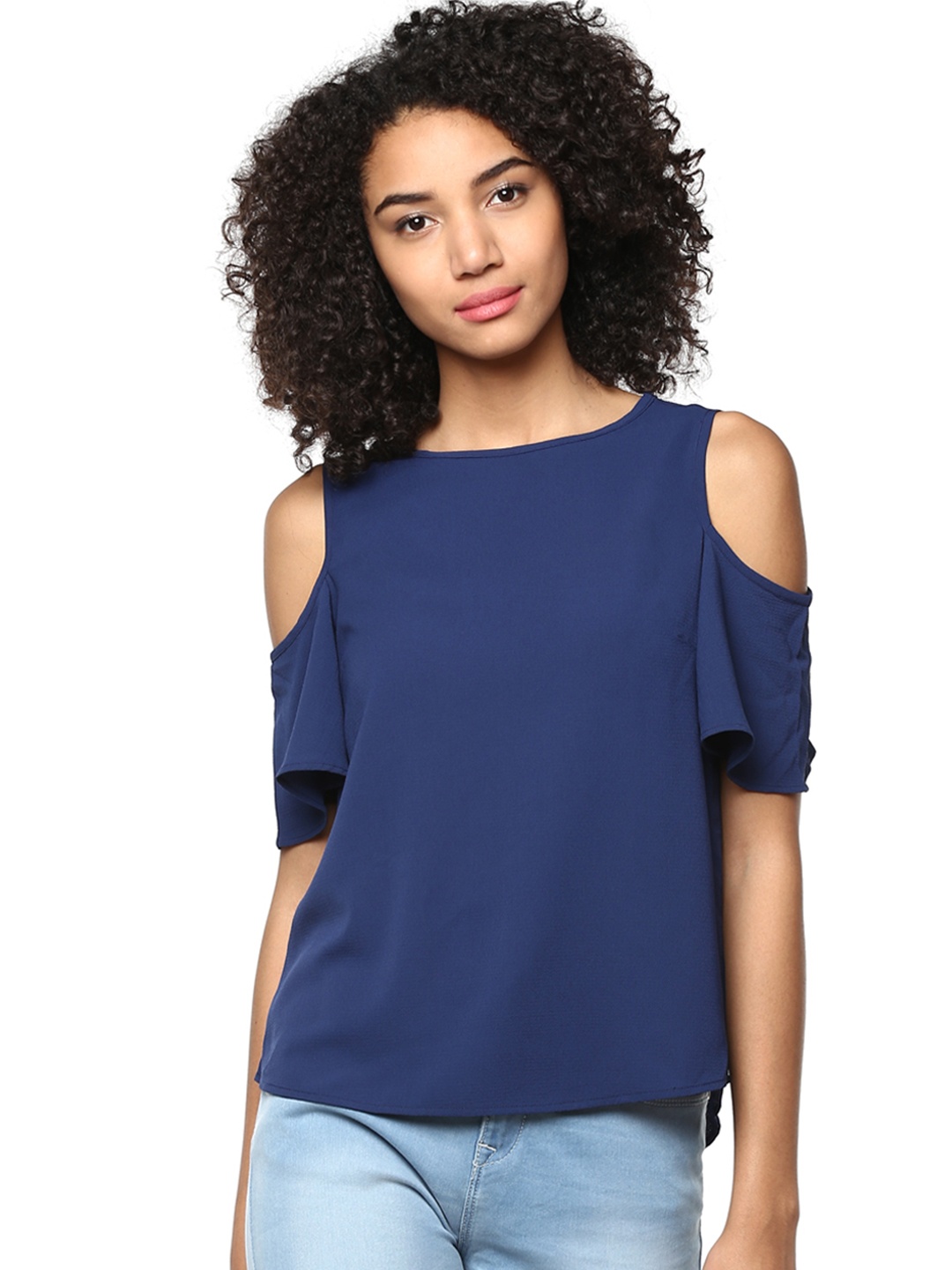 

Harpa Women Blue Solid Cold-Shoulder Top