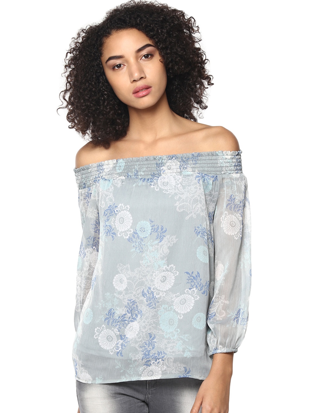 

Harpa Women Grey Floral Print Bardot Top