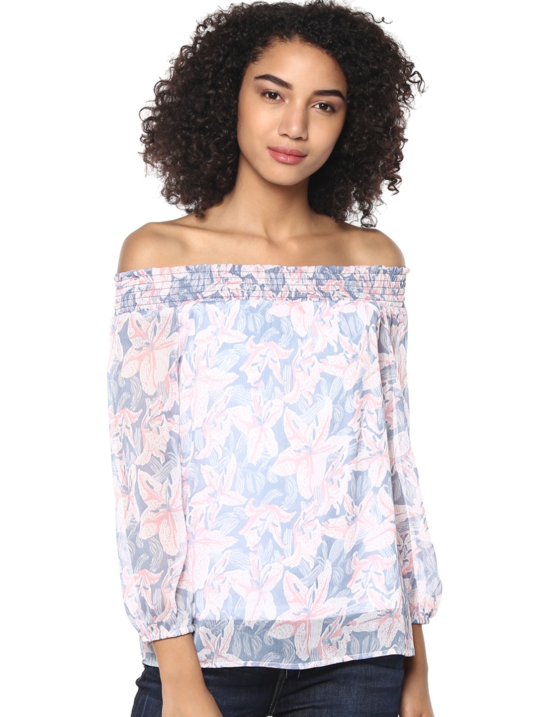 

Harpa Women Off-White & Blue Floral Print Bardot Top