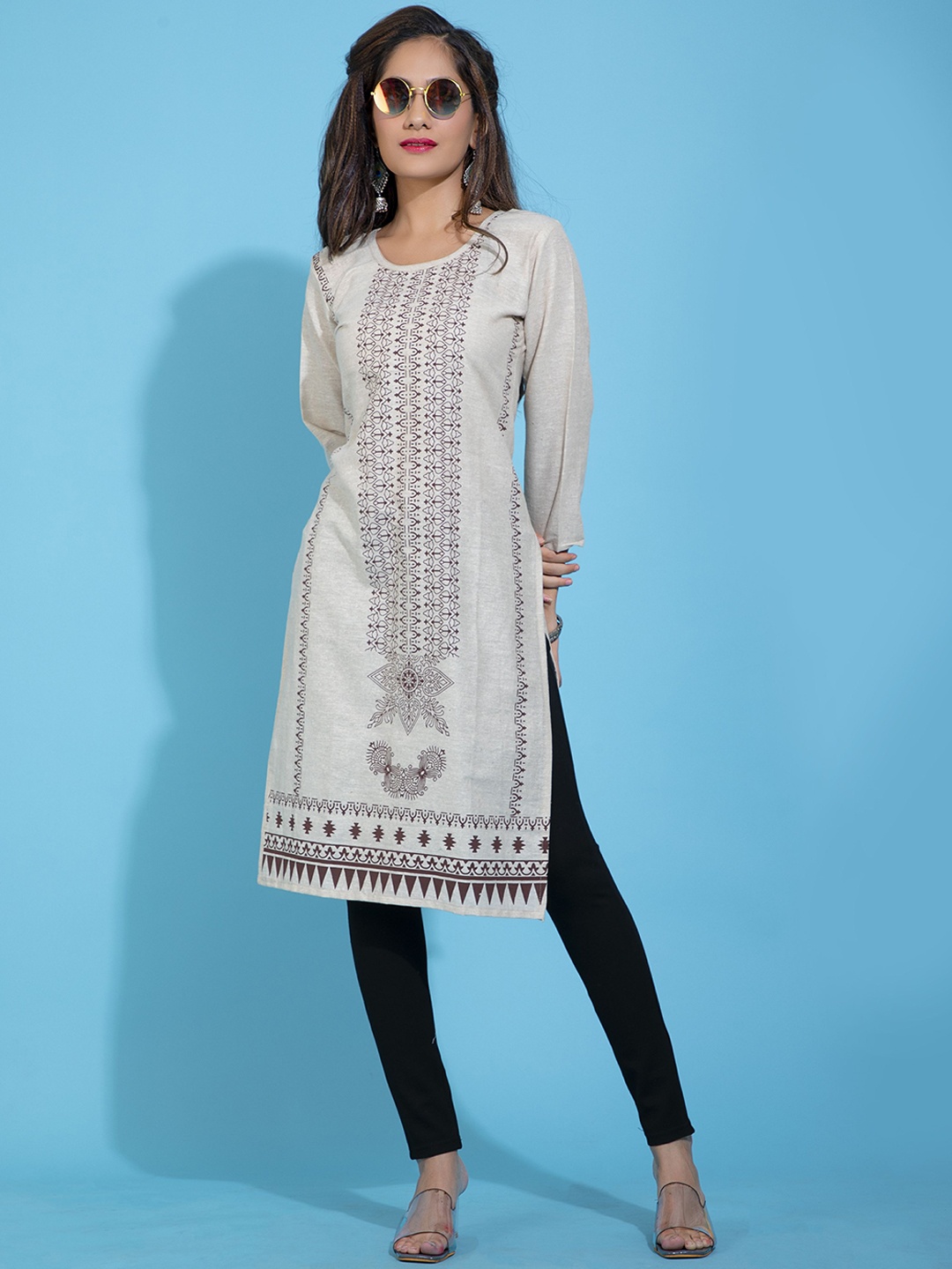 

POONAM DESIGNER Women Beige Geometric Print Work Khadi Kurta