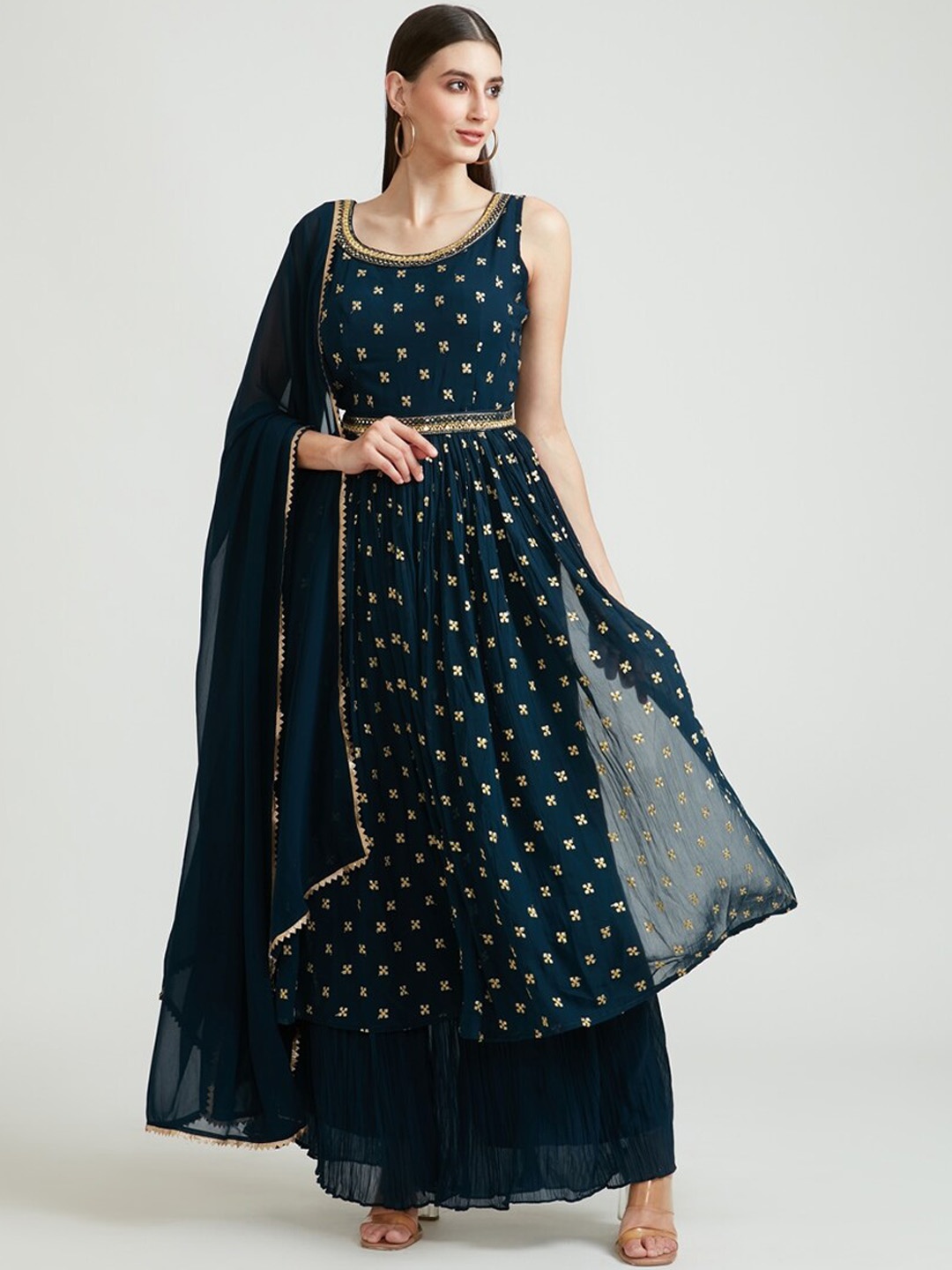 

Neerus Women Blue Floral Panelled Mirror Work Kurti With Skirt & Dupatta
