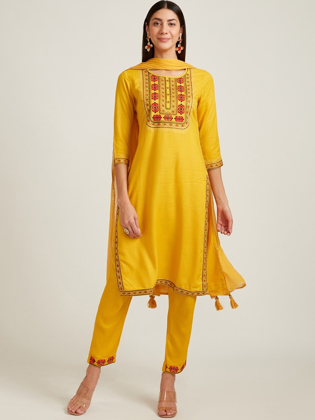 

Neerus Women Mustard Yellow Embroidered Aari Work Kurta with Churidar