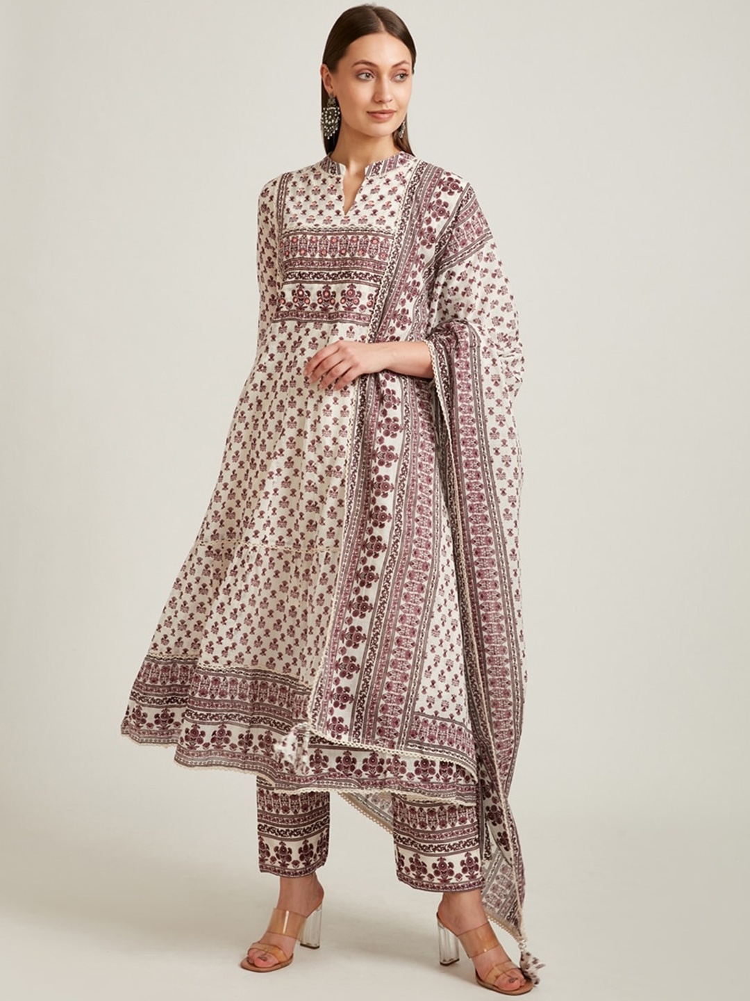

Neerus Women Purple & Off White Ethnic Motif Printed Empire Pure Cotton Anarkali Kurta Set