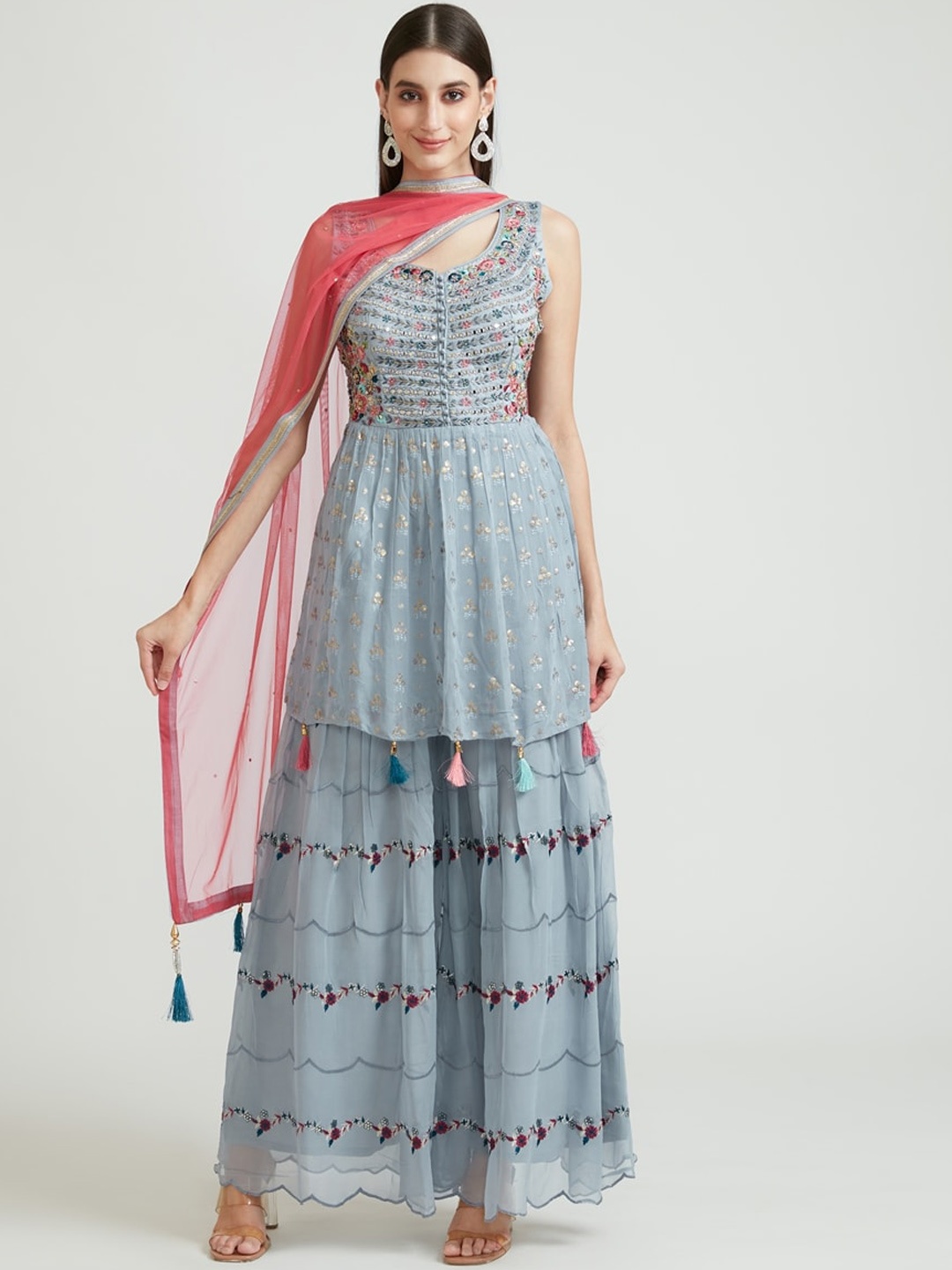 

Neerus Women Grey Floral Empire Kurti with Sharara & With Dupatta