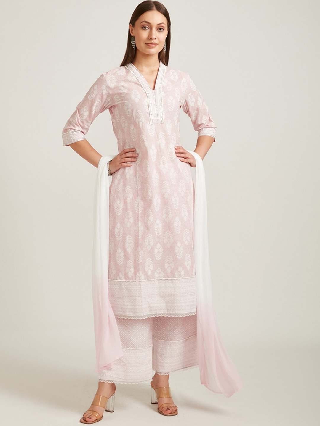 

Neerus Women Pink Ethnic Motifs Printed Patchwork Pure Cotton Kurta with Trousers & With Dupatta