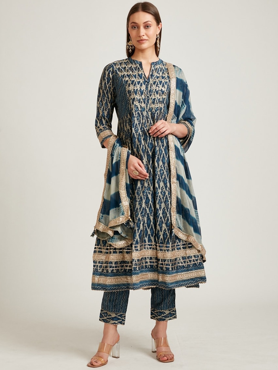 

Neerus Women Blue Ethnic Motifs Printed Panelled Gotta Patti Pure Cotton Kurta with Trousers & With Dupatta