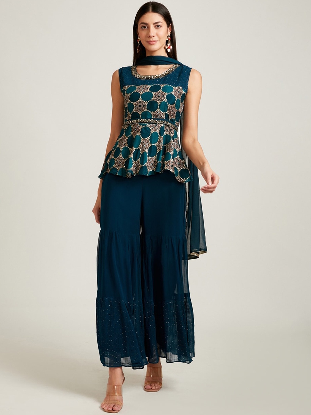 

Neerus Women Teal Ethnic Motifs Embroidered Top with Sharara & With Dupatta