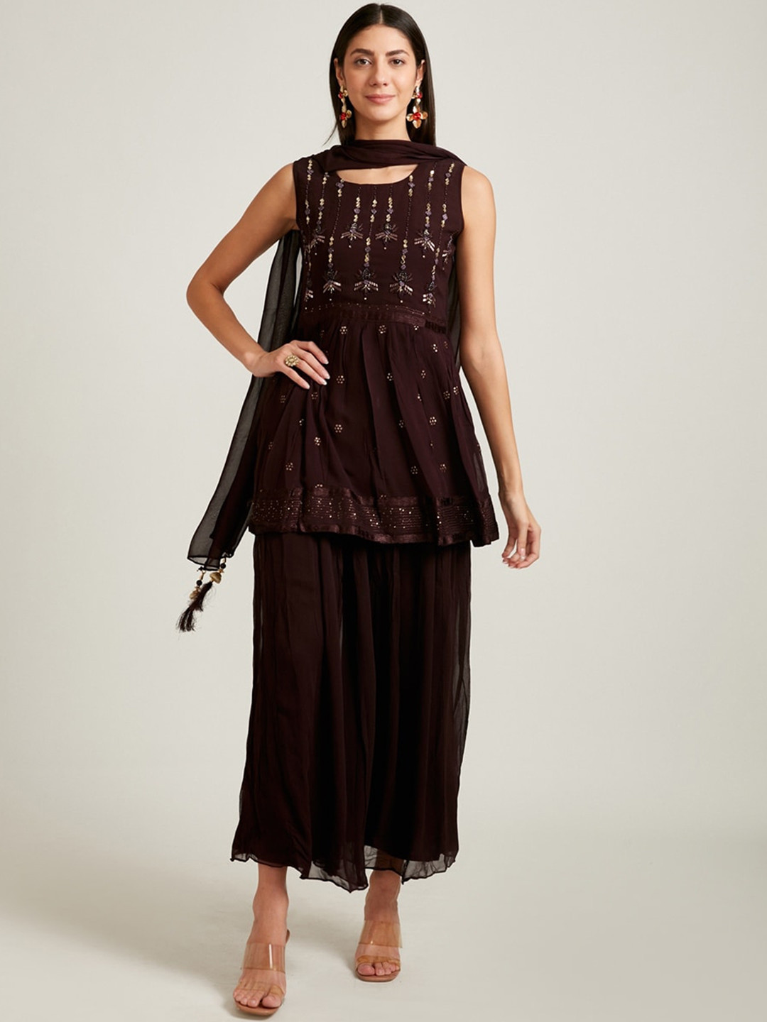 

Neerus Women Burgundy Ethnic Motifs Embroidered Beads and Stones Kurti with Sharara