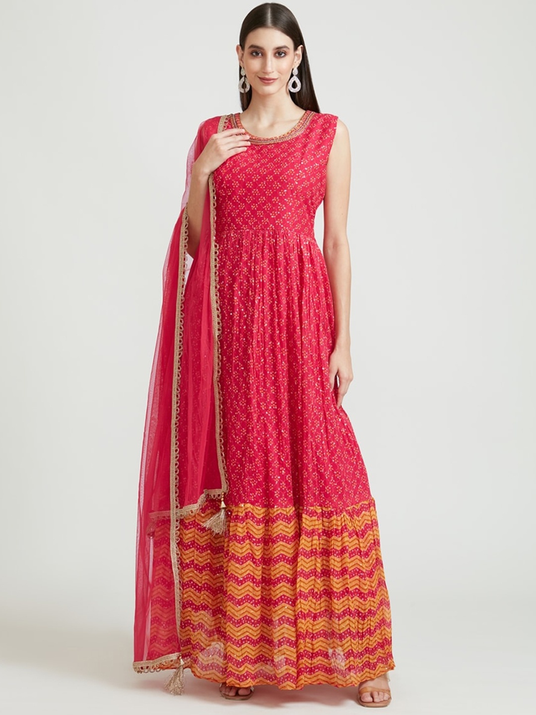 

Neerus Women Pink Printed Panelled Thread Work Kurta with Skirt & With Dupatta