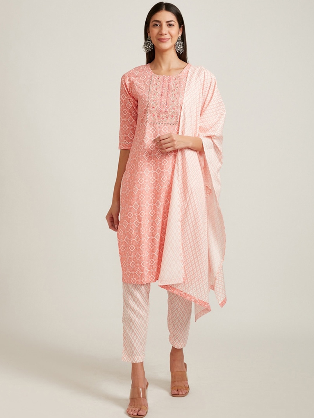 

Neerus Women Coral Ethnic Motifs Printed Kurti with Trousers & With Dupatta