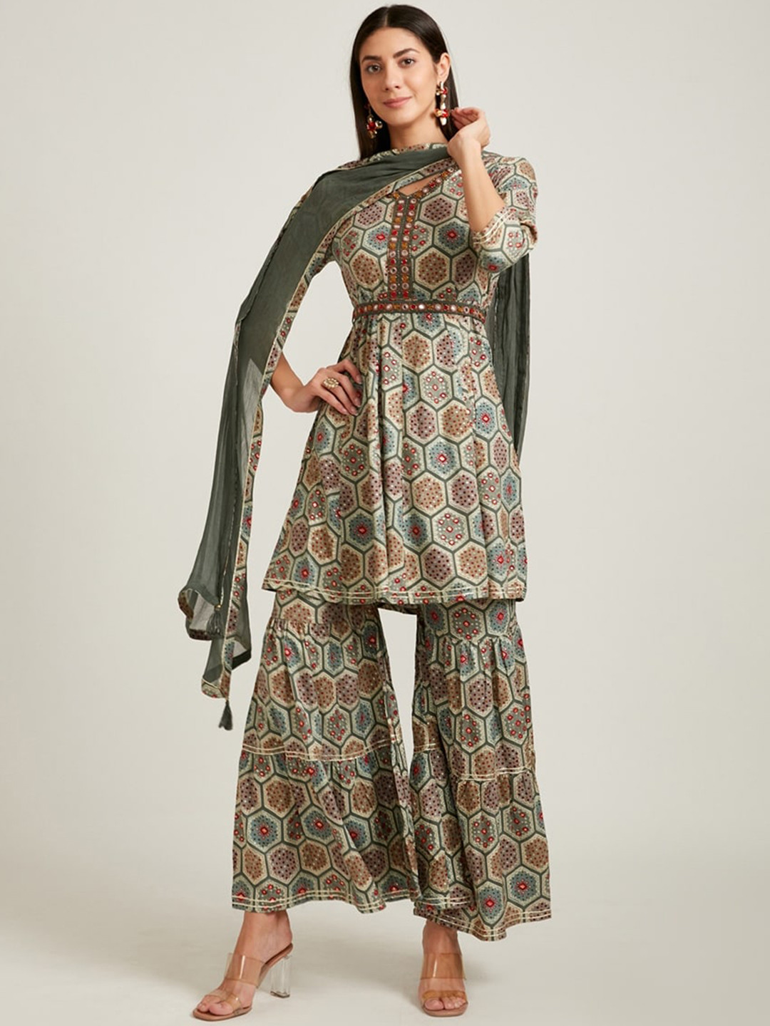 

Neerus Women Grey Printed Empire Pure Cotton Kurti with Sharara & With Dupatta