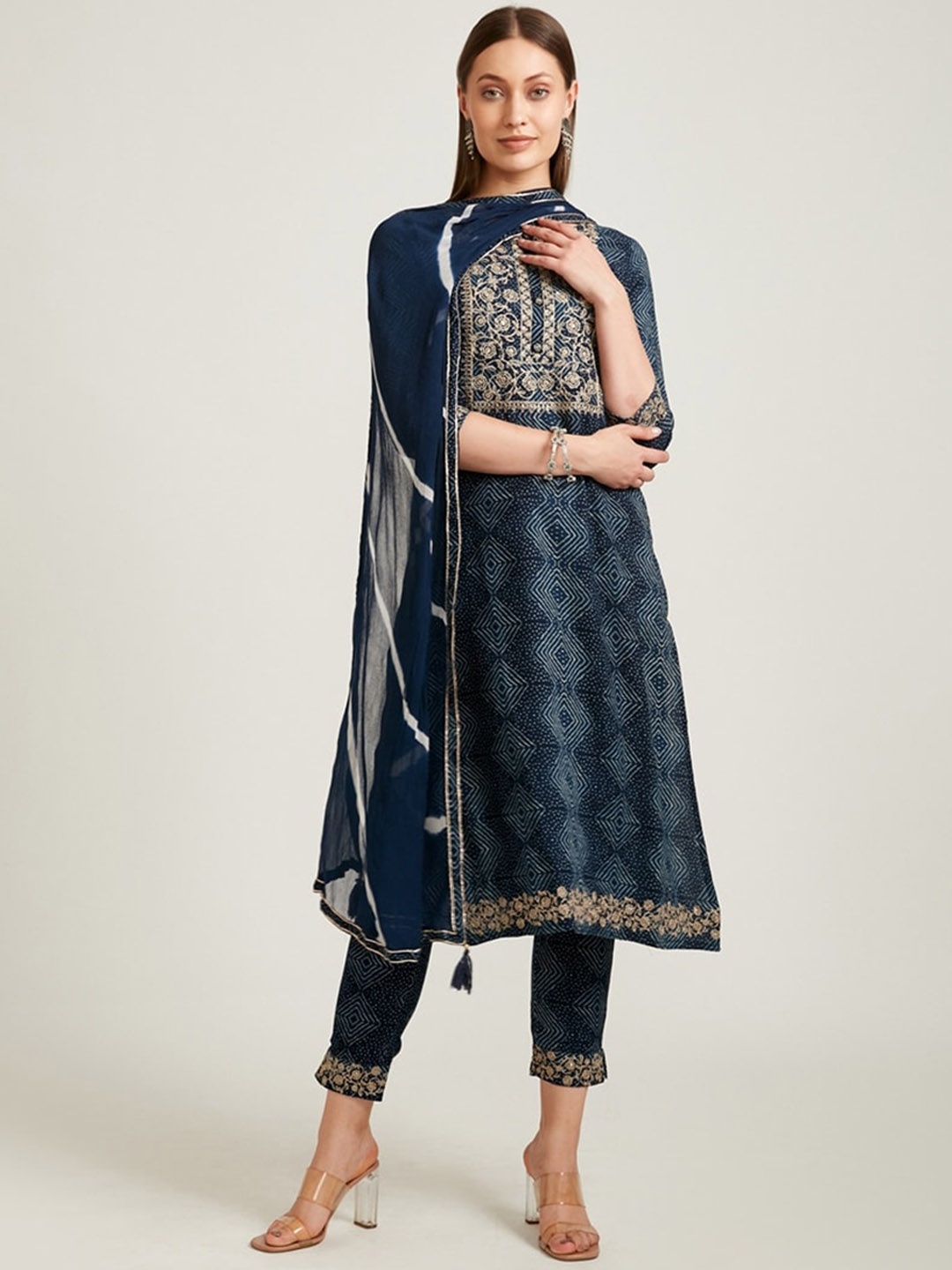 

Neerus Women Navy Blue Embroidered Zardozi Kurta with Churidar & With Dupatta