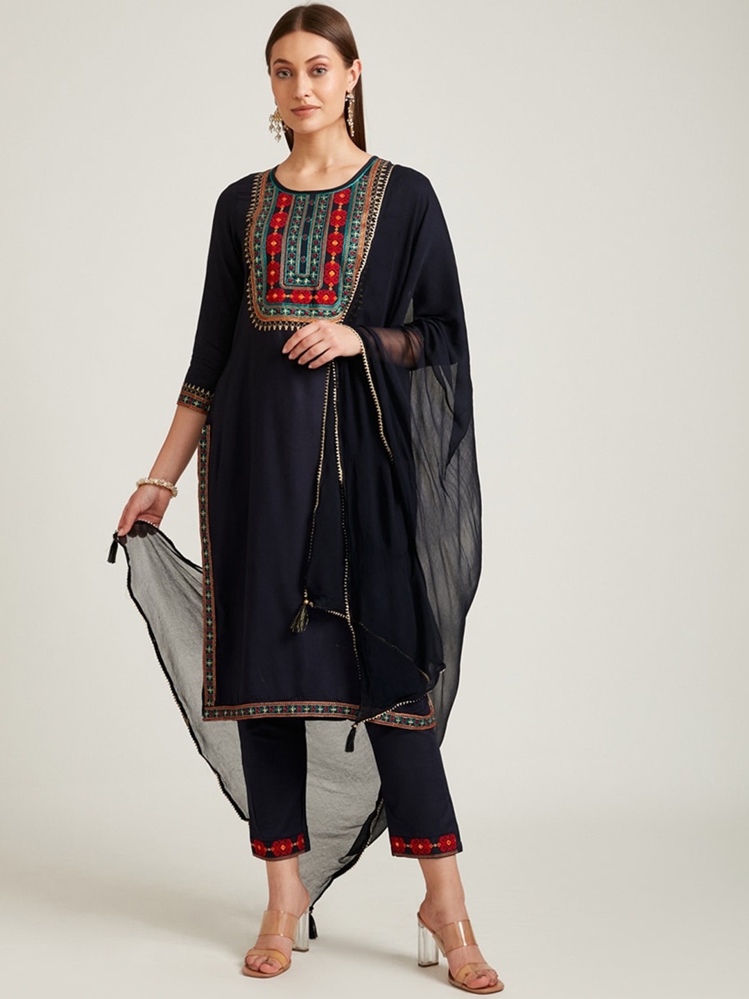

Neerus Women Navy Blue Embroidered Empire Aari Work Kurti with Trousers & With Dupatta
