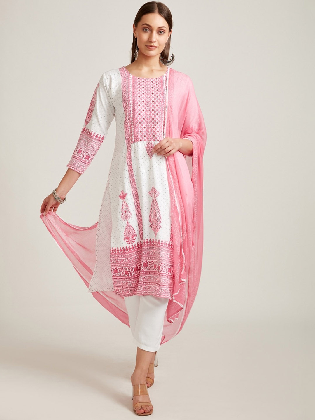 

Neerus Women White Ethnic Motifs Printed Kurta with Trousers & With Dupatta