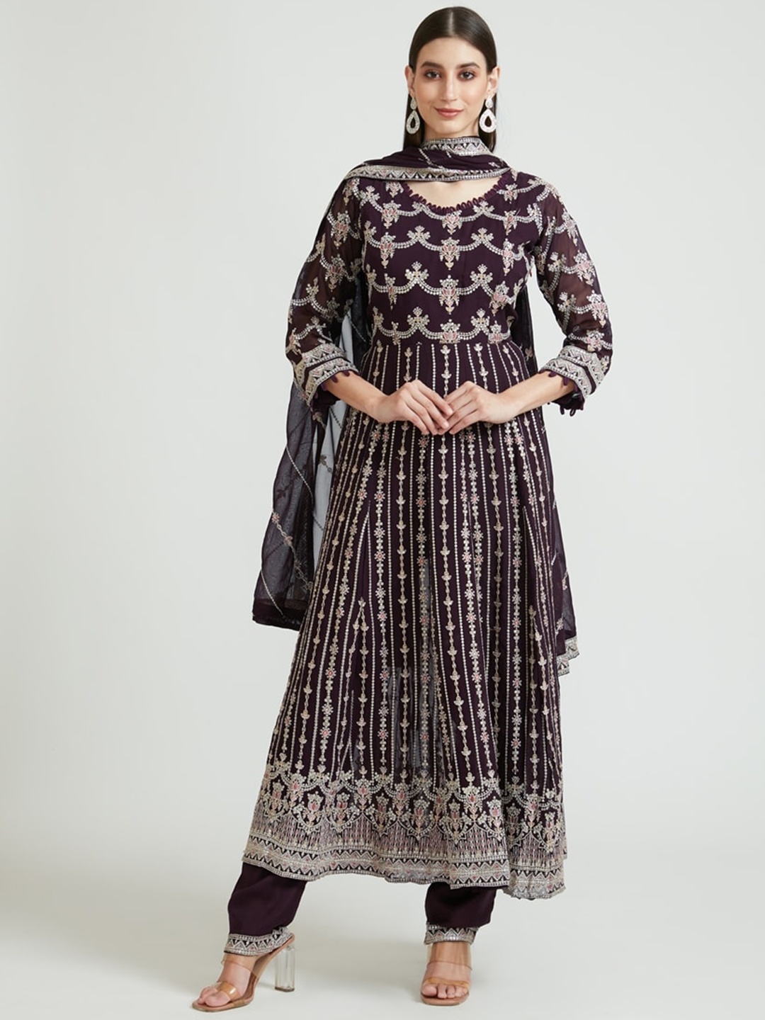 

Neerus Women Red Embroidered Aari Work Kurta with Churidar & With Dupatta
