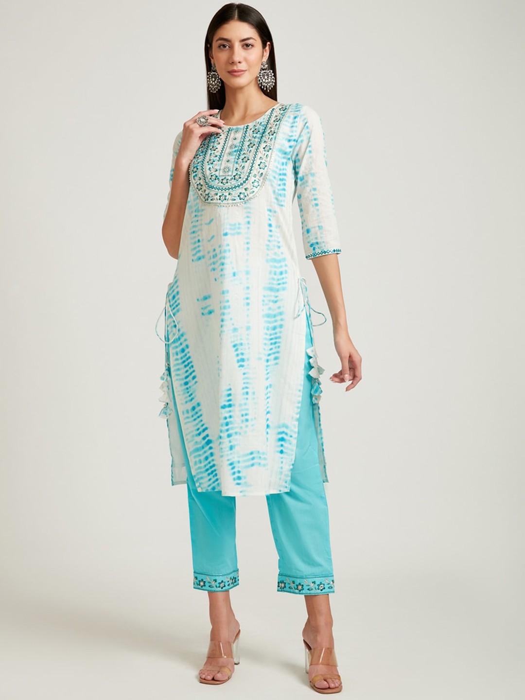 

Neerus Women Turquoise Blue Aari Work Pure Cotton Kurta with Trousers & Dupatta