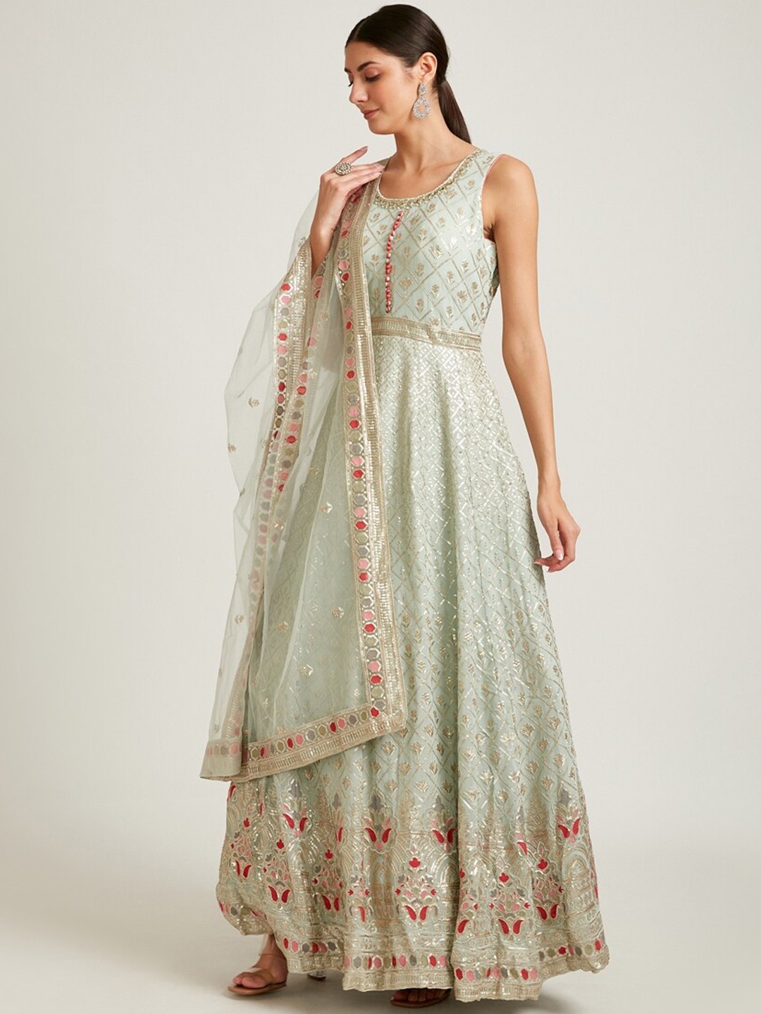 

Neerus Women Sea Green Ethnic Motifs Printed Anarkali Kurta with Churidar & Dupatta