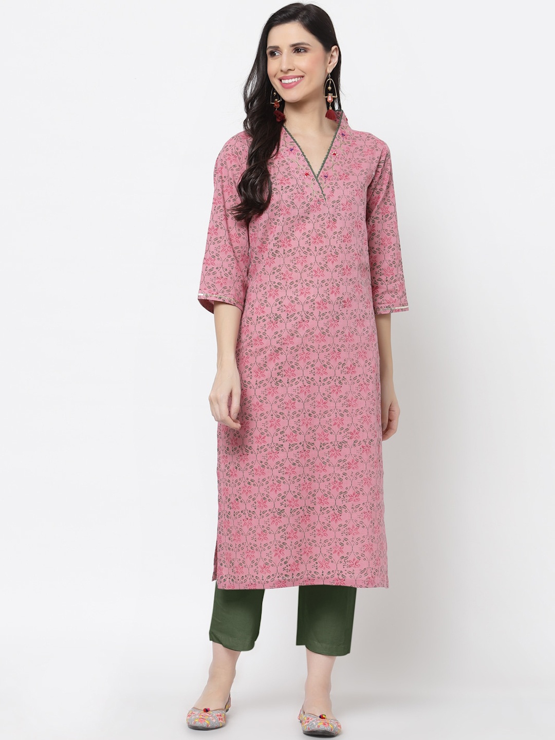 

DART STUDIO Women Pink & Green Ethnic Motifs Printed Thread Work Block Print Kurta