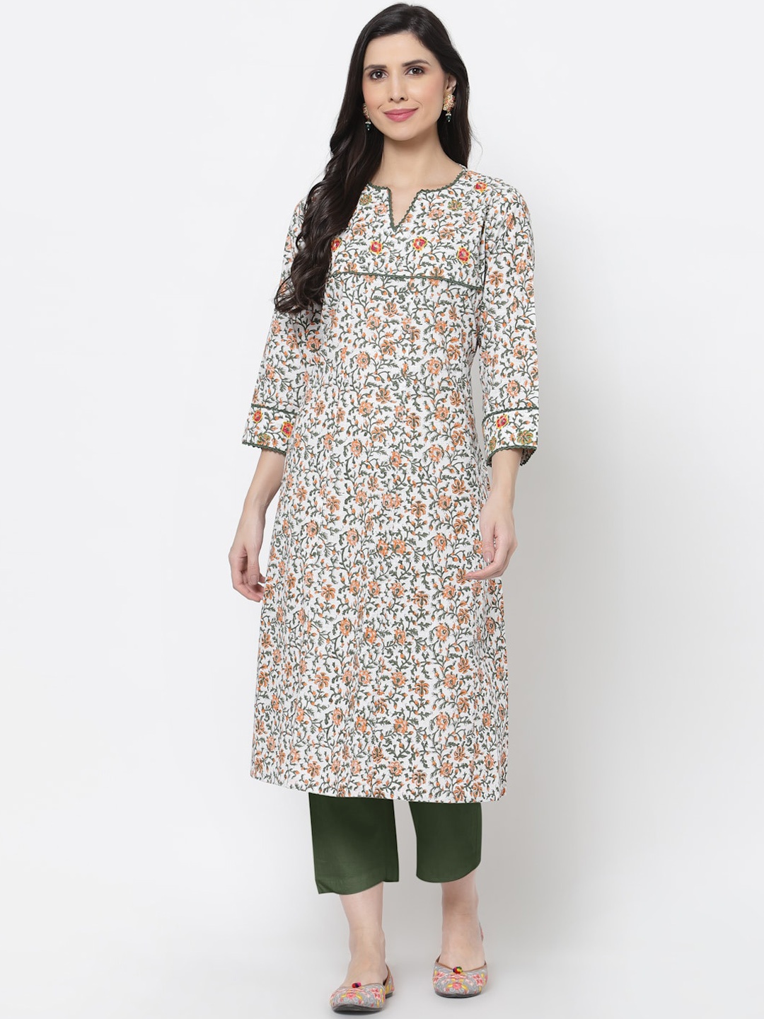 

DART STUDIO Women Orange Floral Printed Block Print Cotton Kurta