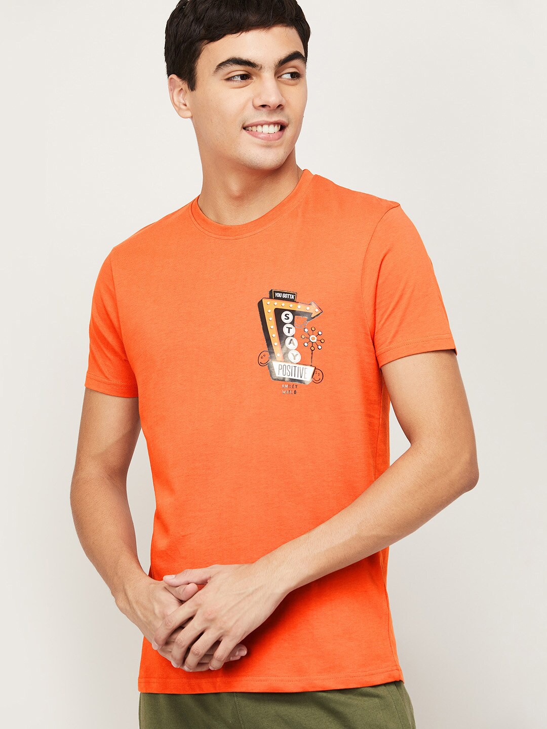 

SmileyWorld Men cotton Orange Printed Slim Fit T-shirt