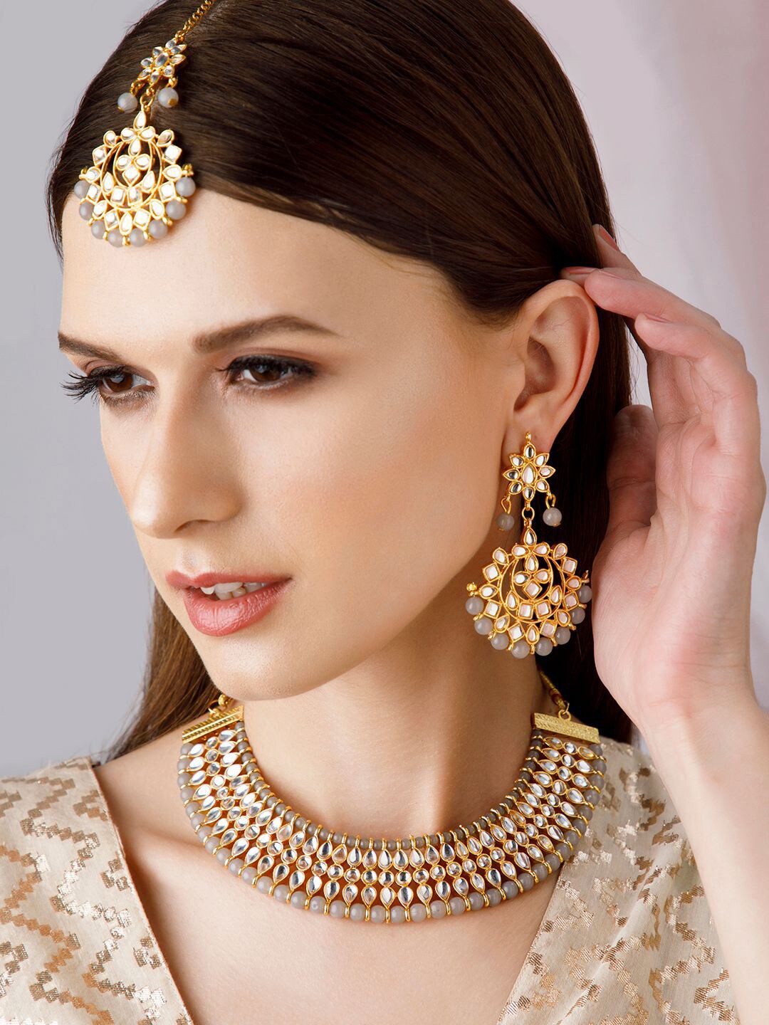 

Rubans Women Gold-Plated White Kundan-Studded & Pearl Beaded Necklace Set