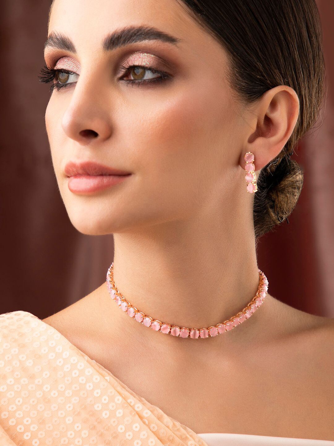 

Rubans Rose Gold-Plated Pink AD-Stone Studded Jewellery Set