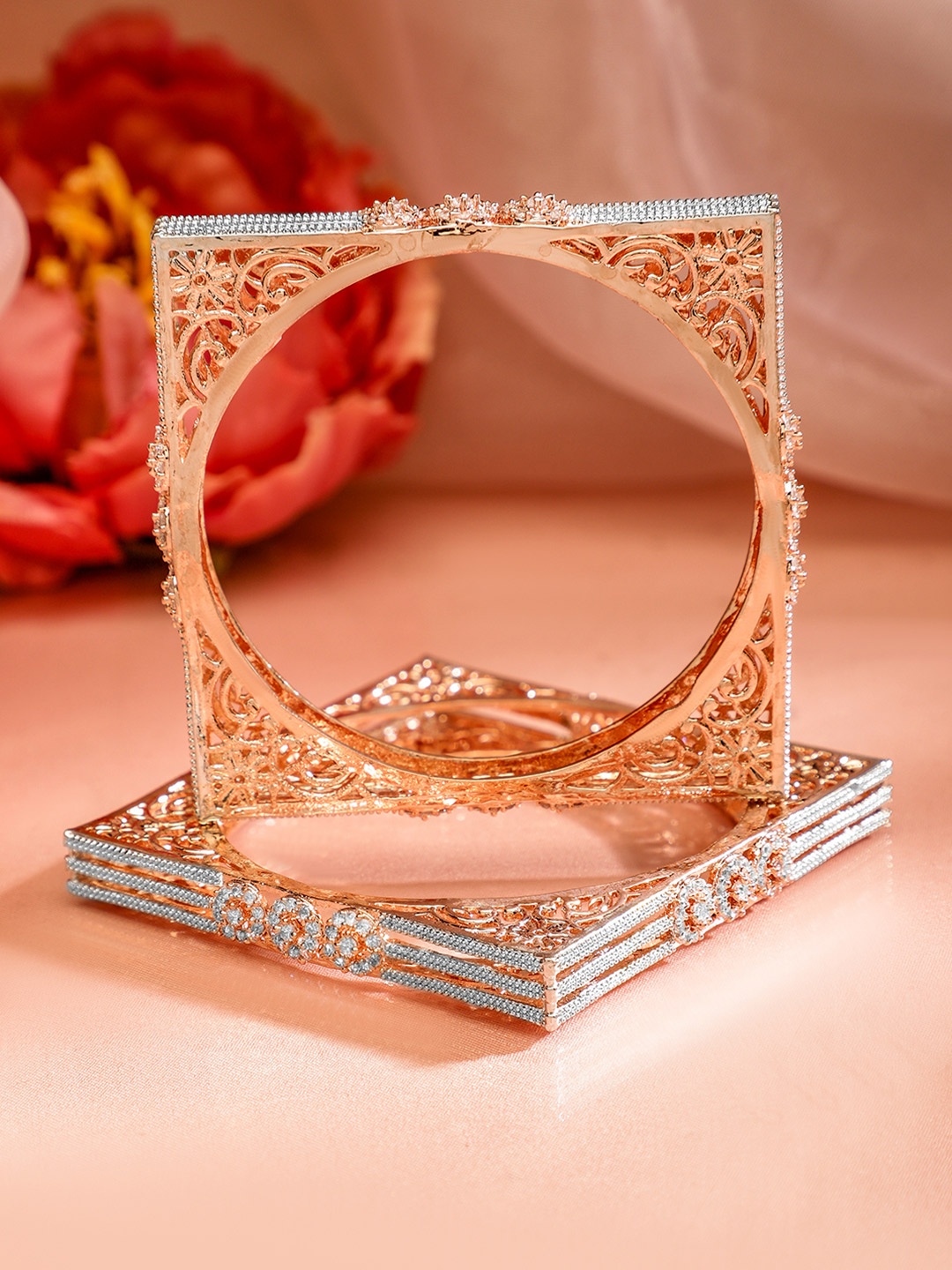 

Rubans Set Of 2 Rose Gold Plated Cubic Zirconia Stone Studded Bangle