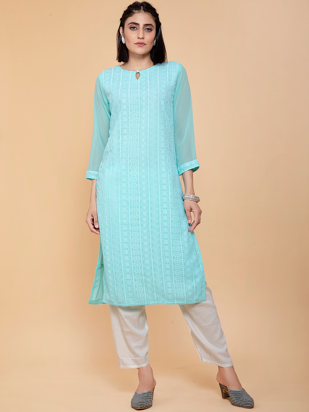 

POONAM DESIGNER Women Blue Geometric Keyhole Neck Flared Sleeves Georgette Kurta