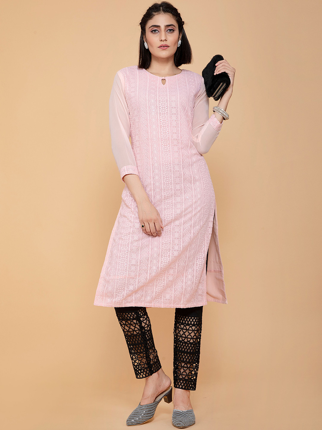 

POONAM DESIGNER Women Peach-Coloured Thread Work Georgette Kurta