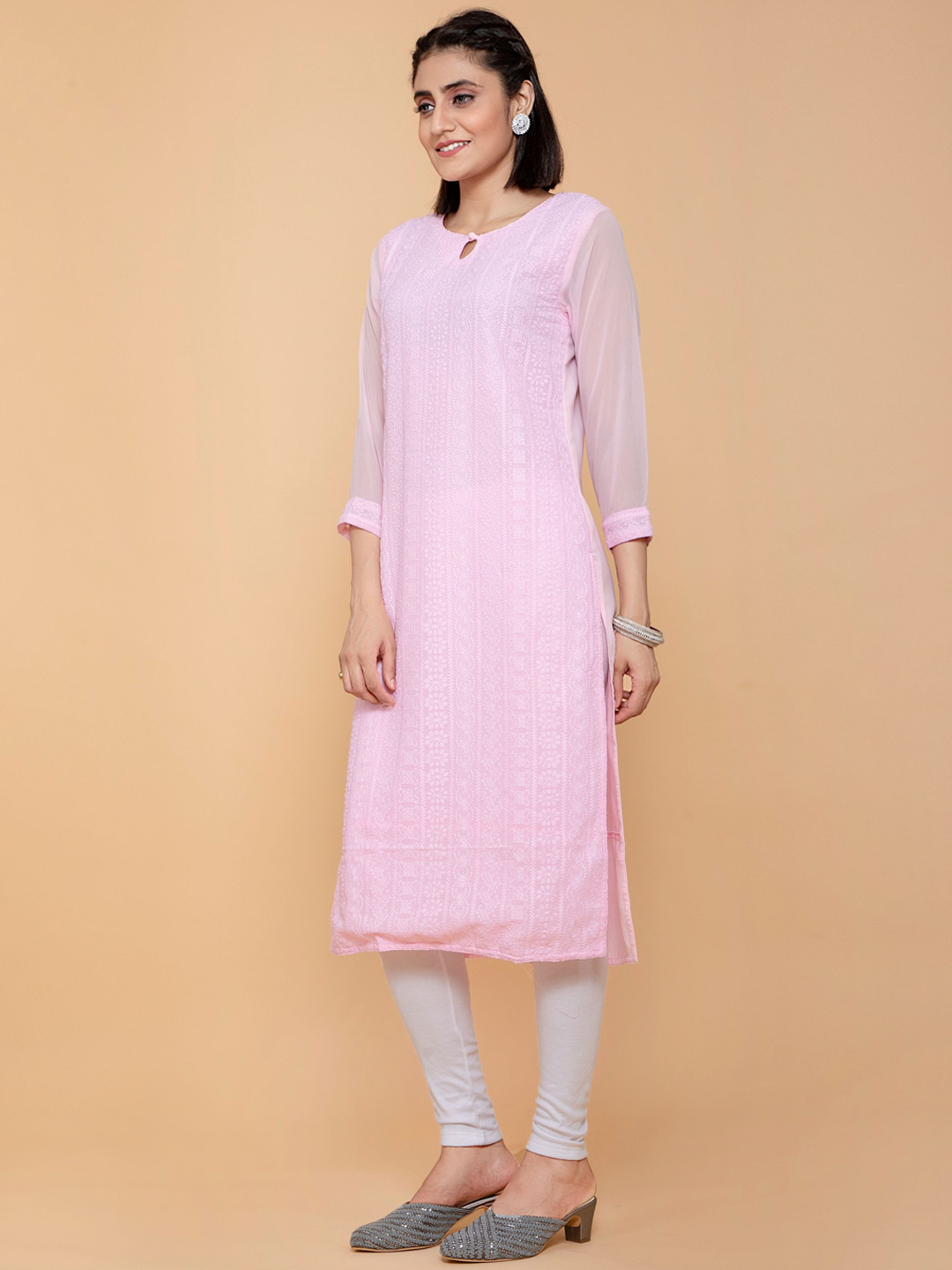 

POONAM DESIGNER Women Pink Keyhole Neck Thread Work Straight Georgette Kurta