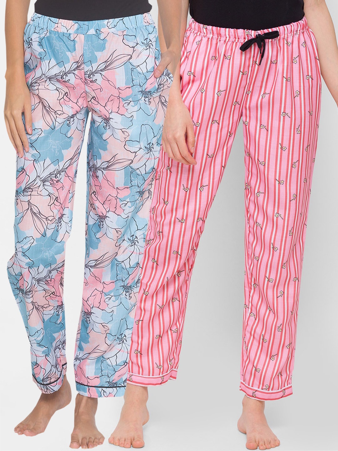 

FashionRack Women Set of 2 Blue & Pink Printed Cotton Lounge Pants