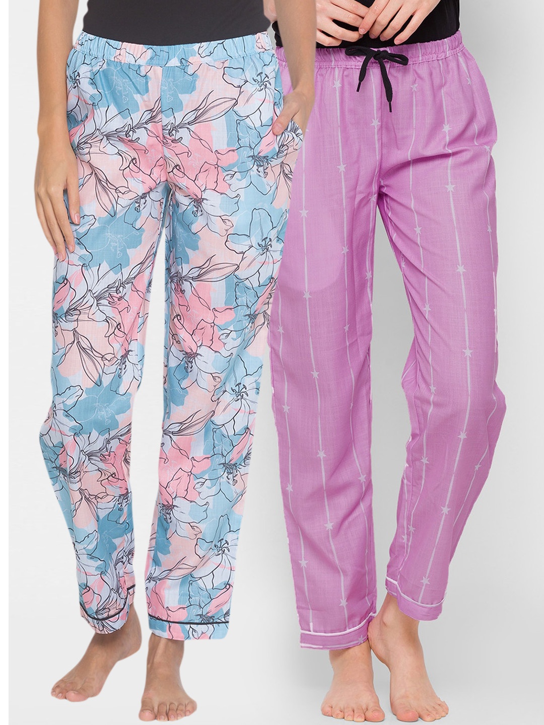 

FashionRack Pack of 2 Women Blue & Purple Printed Cotton Lounge Pants