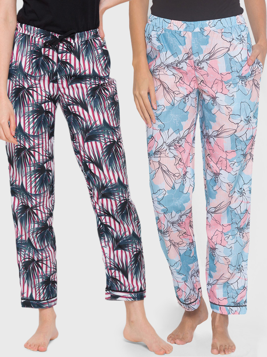 

FashionRack Women Set of 2 Blue & Red Cotton Lounge Pants