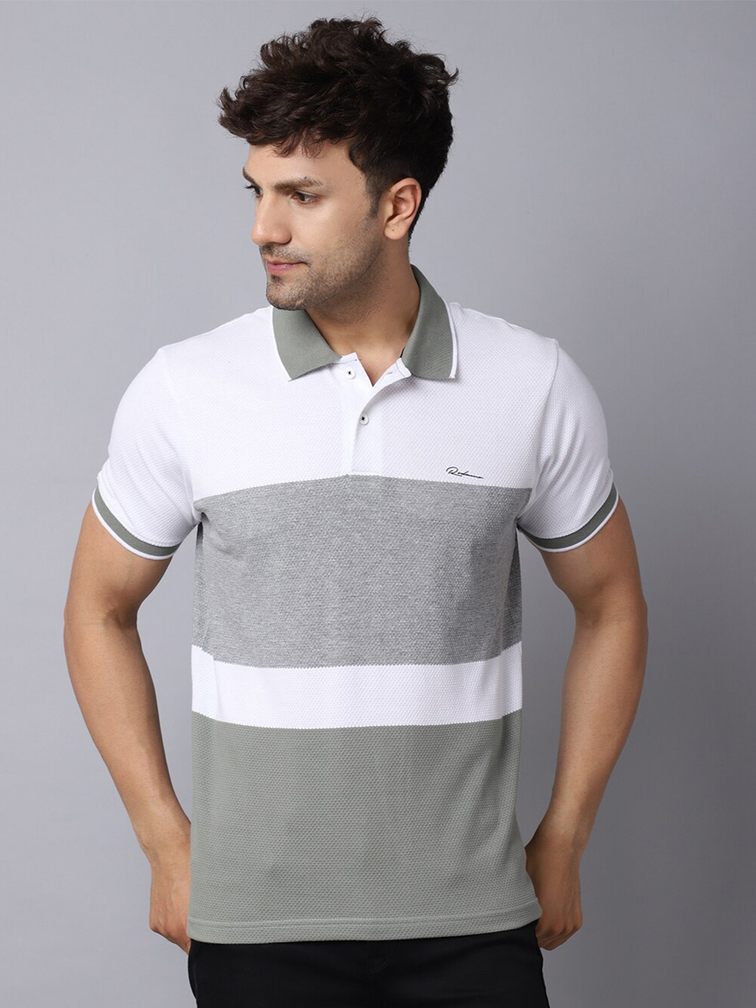 

Rodamo Men White & Grey Striped Polo Collar Slim Fit T-shirt