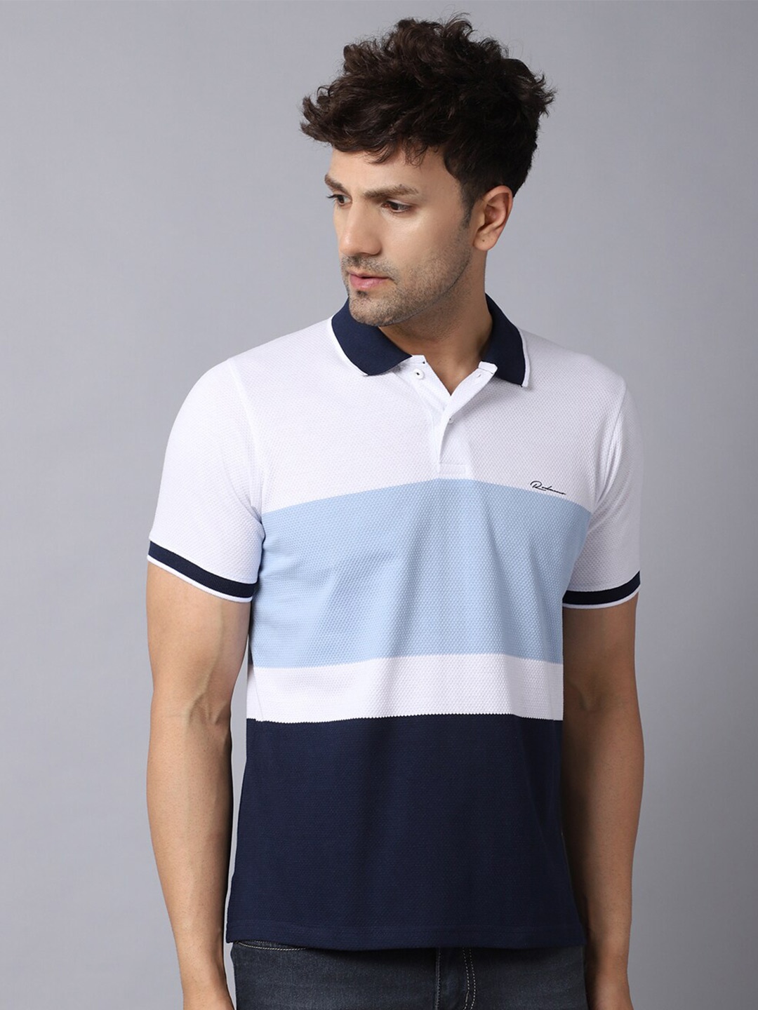 

Rodamo Men Multicoloured Striped Polo Collar Slim Fit T-shirt, Navy blue