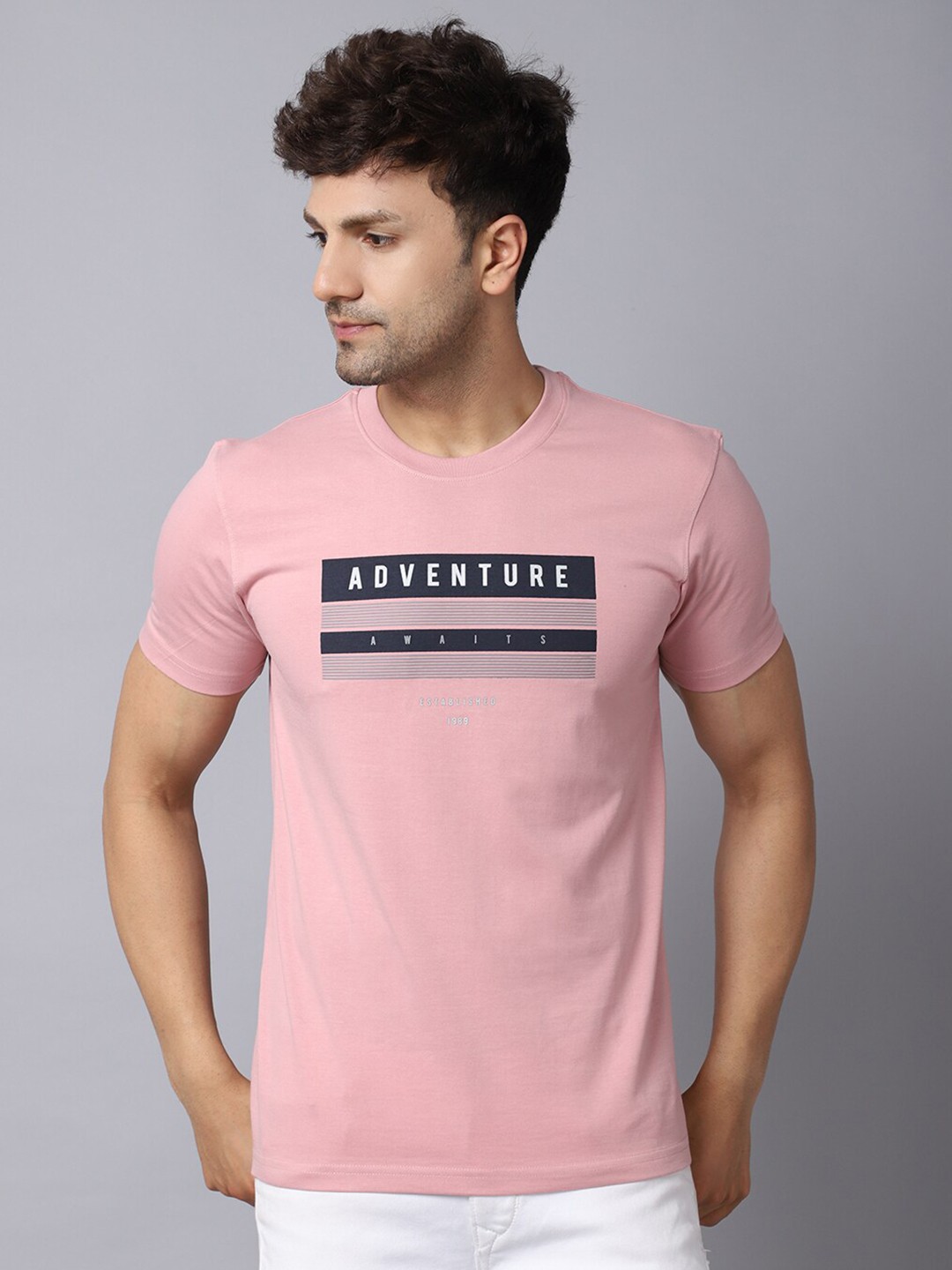 

Rodamo Men Pink Typography Printed Raw Edge Slim Fit T-shirt