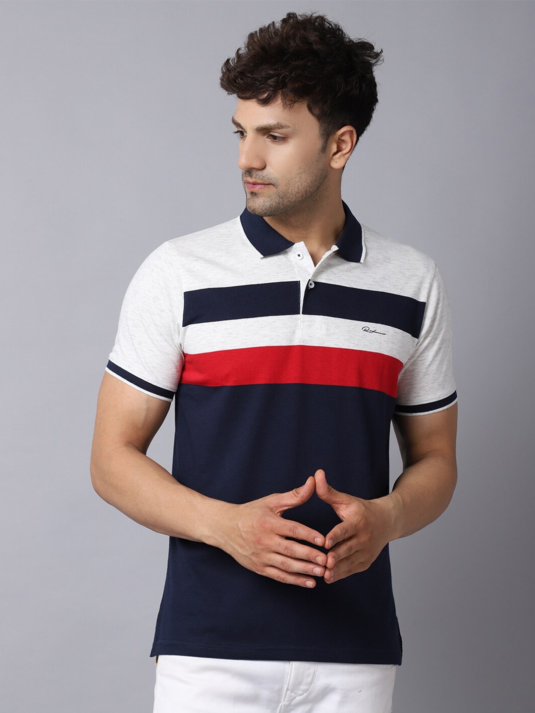 

Rodamo Men Multicoloured Striped Polo Collar Slim Fit T-shirt, Multi